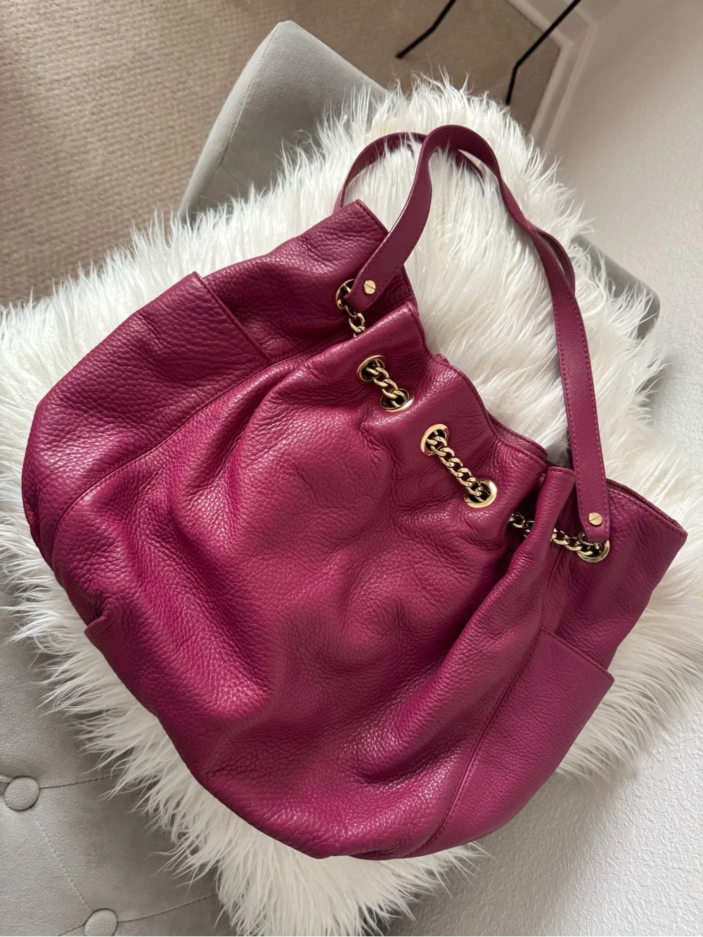 Michael Kors Magenta Pebbled Leather Drawstring Hobo with Gold Chain